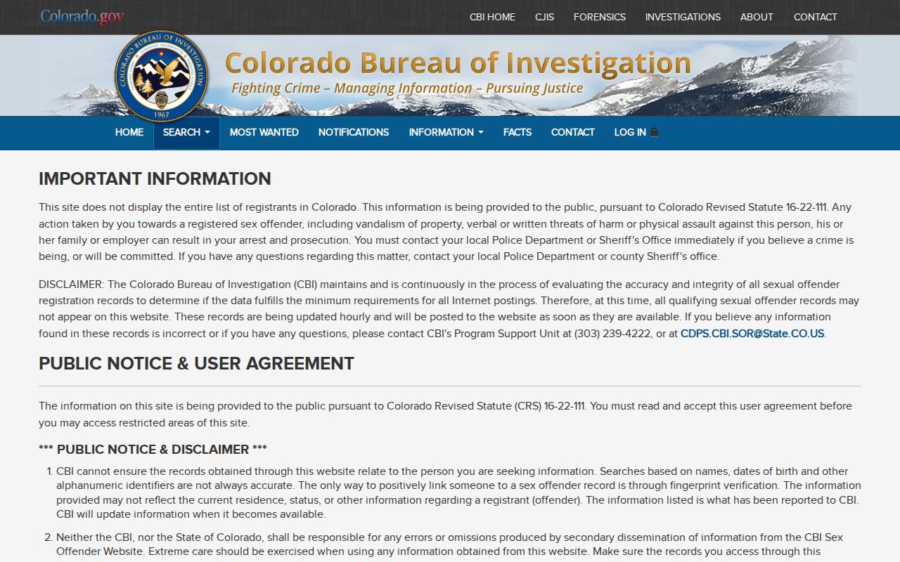 Washington County arrest records and Colorado sex offender registry search agreement