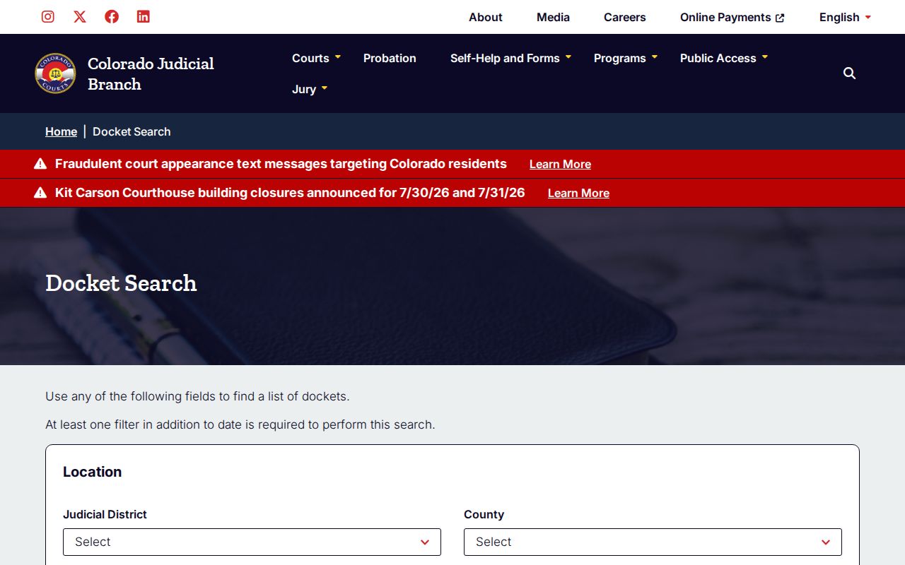 Washington County court dockets Colorado Judicial docket search