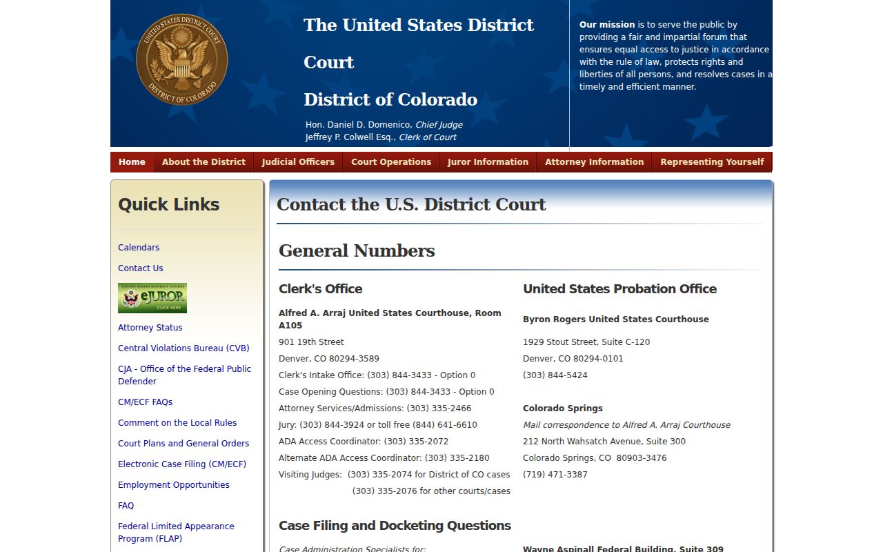 Washington County District Court records and District of Colorado federal contact page