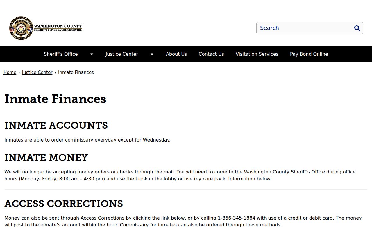 Washington County inmate records and inmate finances instructions