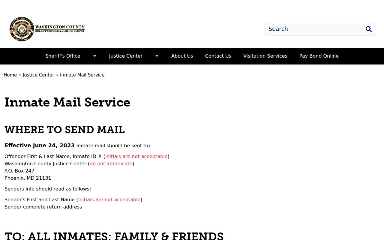 Washington County inmate records and inmate mail service rules