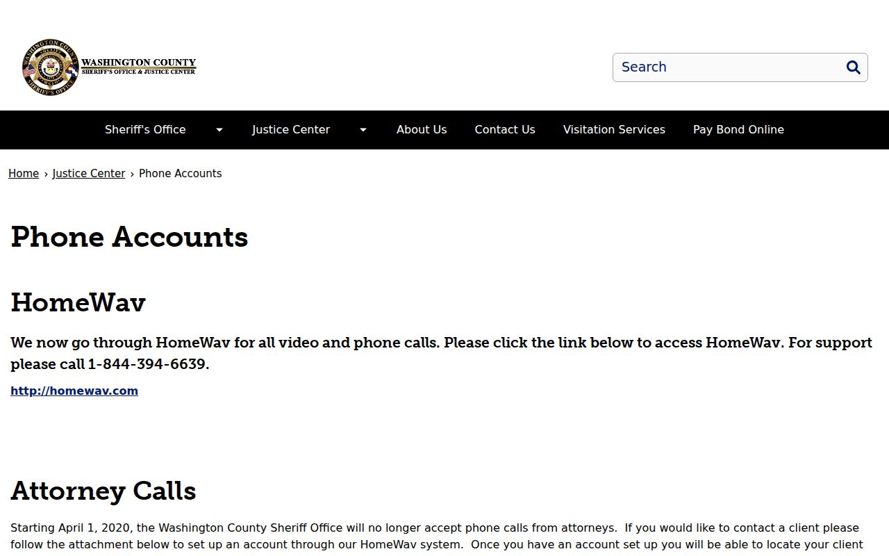 Washington County inmate phone accounts and HomeWAV procedures